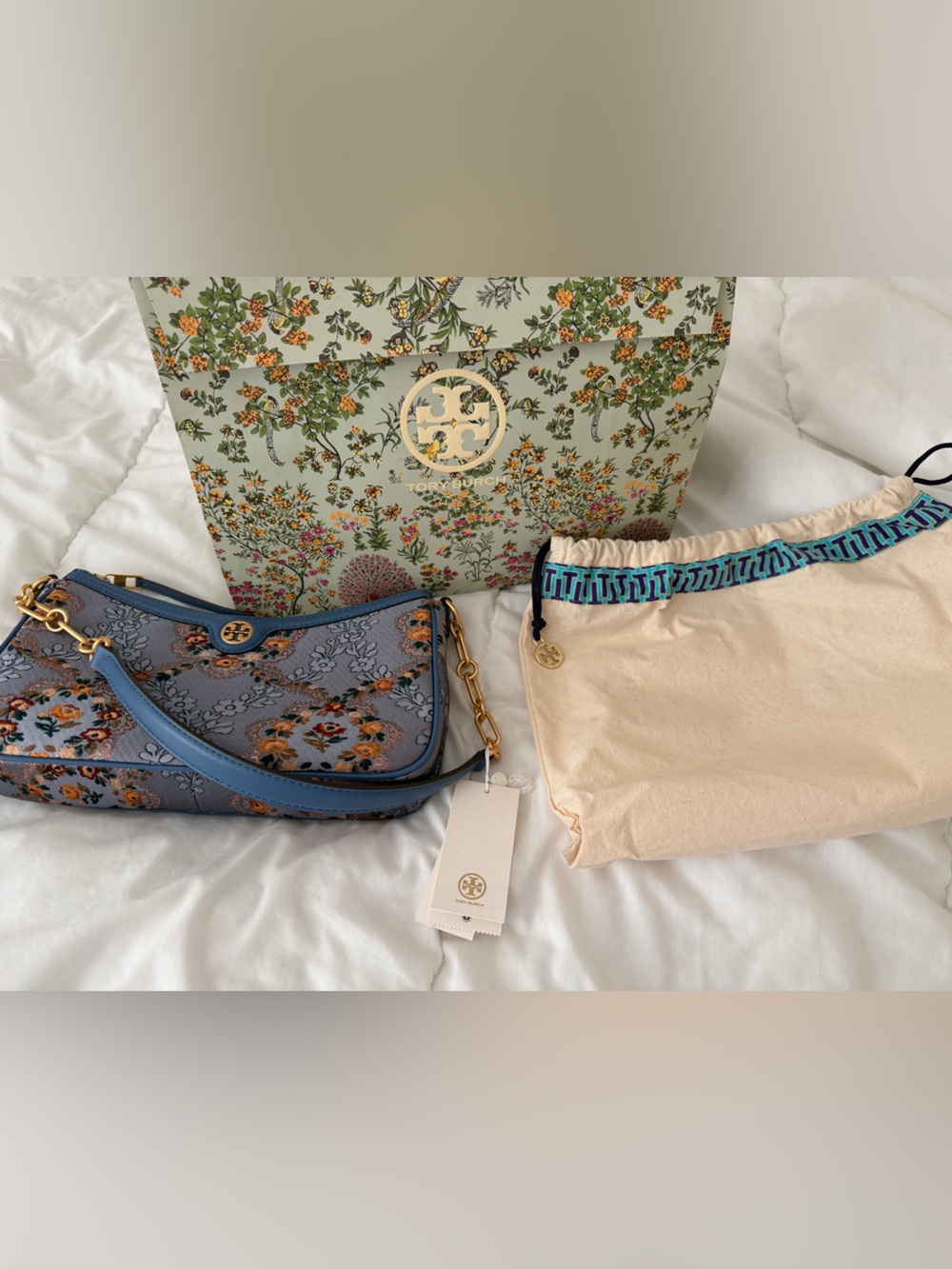Tory Burch T Monogram Brocade Studio Bag in Sea Frost NWT - Picture 13 of 13